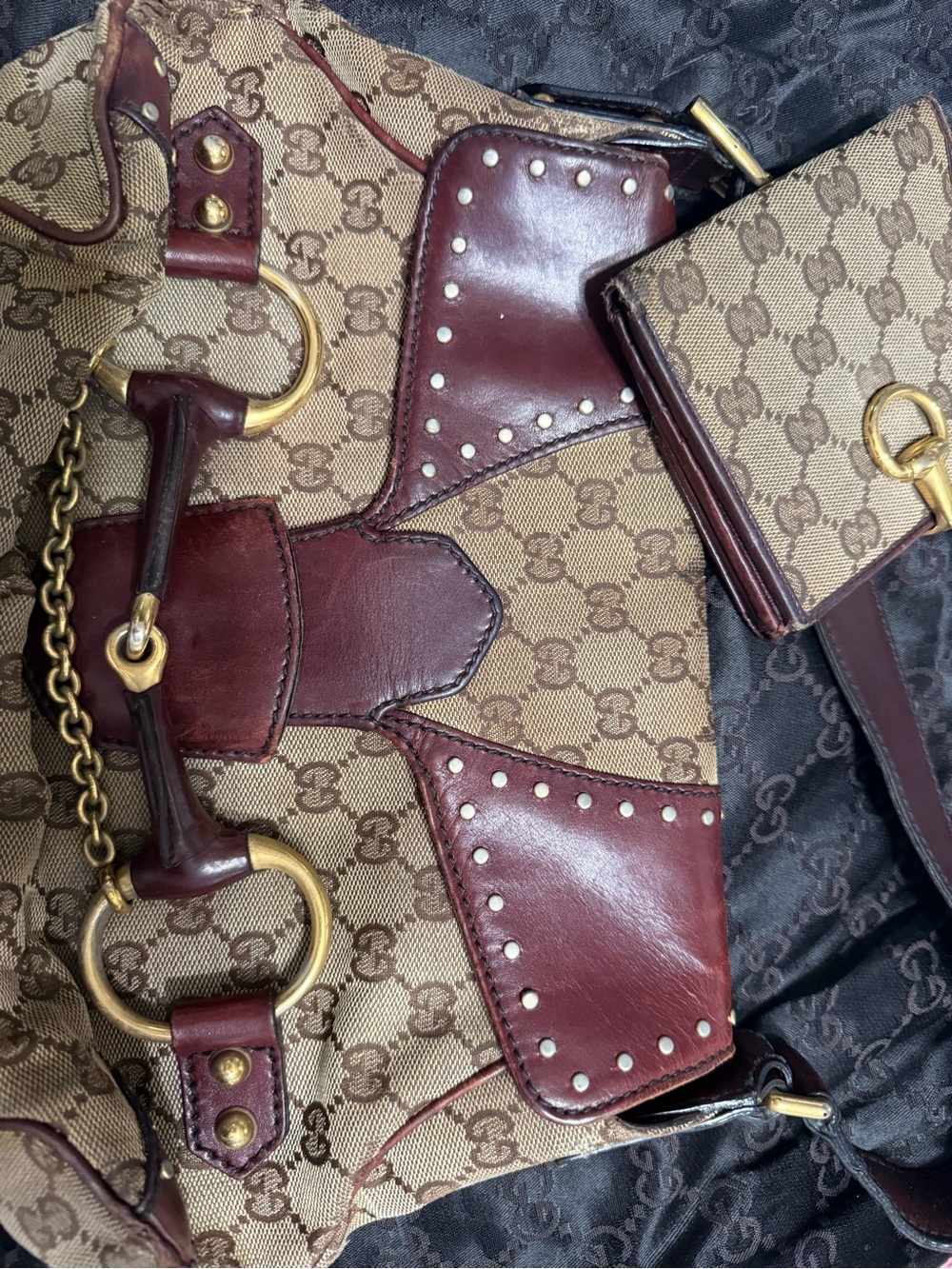 Gucci Burgundy Leather & Beige GG Canvas Shoulder Bag with Gold Hardware